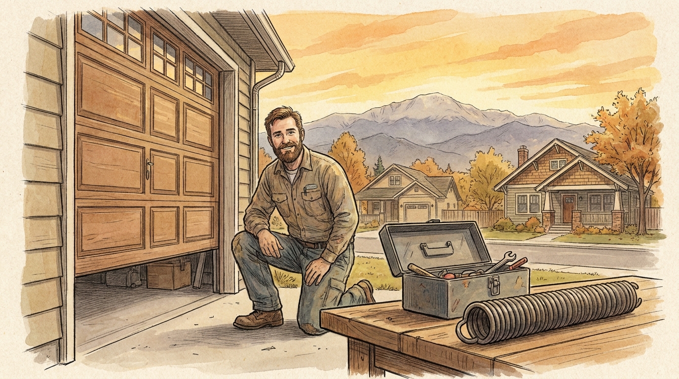 Illustration of a garage-door technician repairing a residential garage door in a Colorado Springs neighborhood.