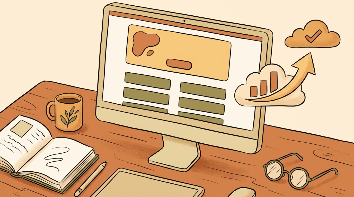 Designer's monitor showing a landing page wireframe with a single call to action and a rising conversion graph
