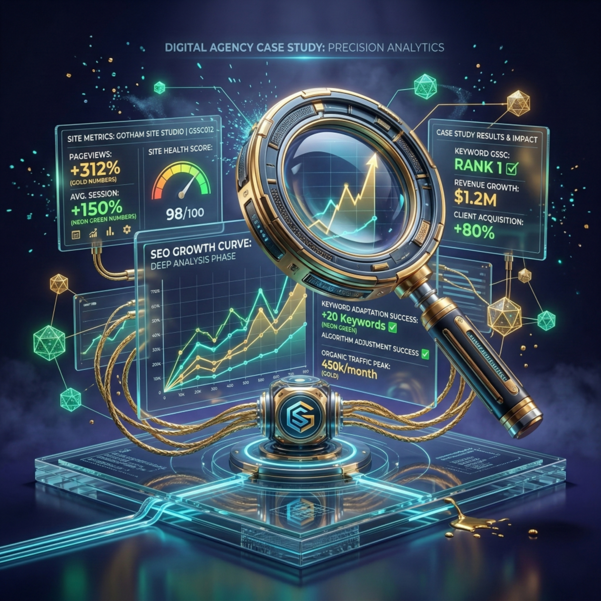 SEO case studies illustration showing client results and ranking improvements