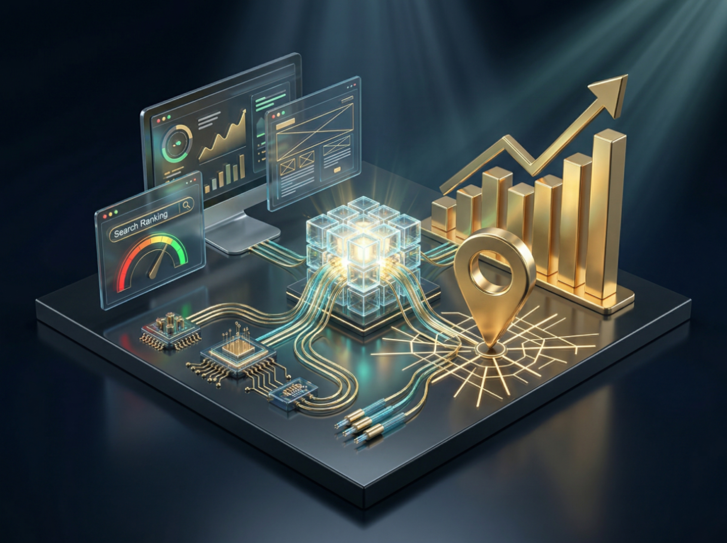 SEO services illustration showing digital marketing growth and website optimization