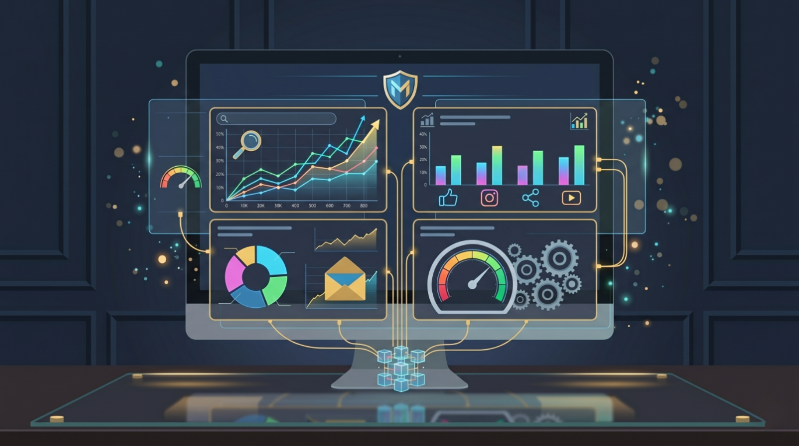 Digital marketing strategy dashboard showing SEO, ads, and social media channels