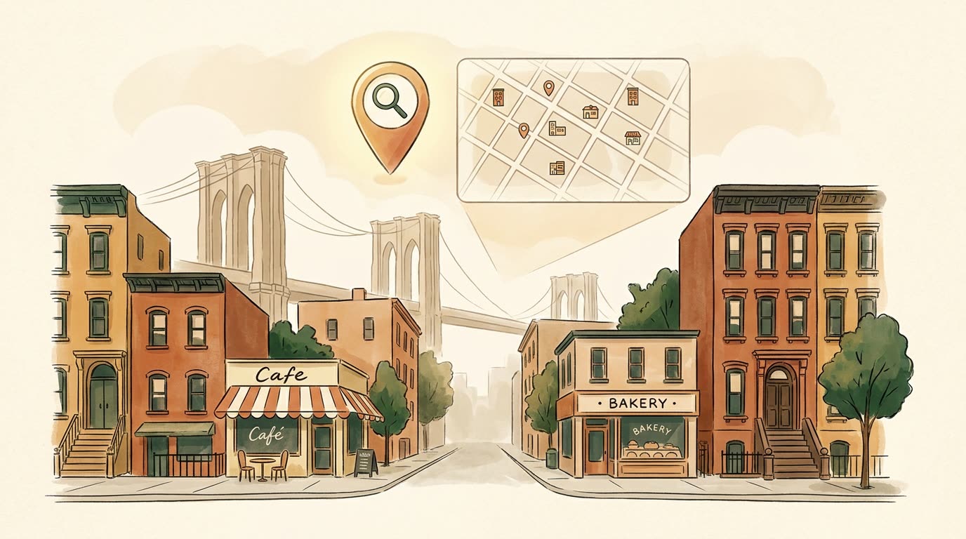 Brooklyn brownstones and storefronts with a local search map pin overlay illustrating local SEO in Brooklyn