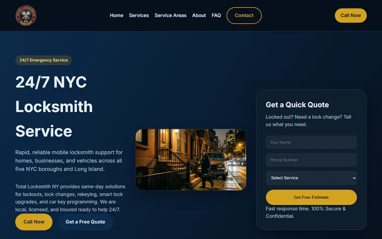 צילום מסך של אתר Total Locksmith NY שנבנה על ידי Gotham Site Studio