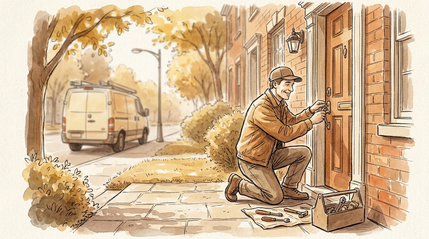 Hand-drawn illustration of a locksmith working at a suburban Westchester County front door at golden hour with a service van at the curb.